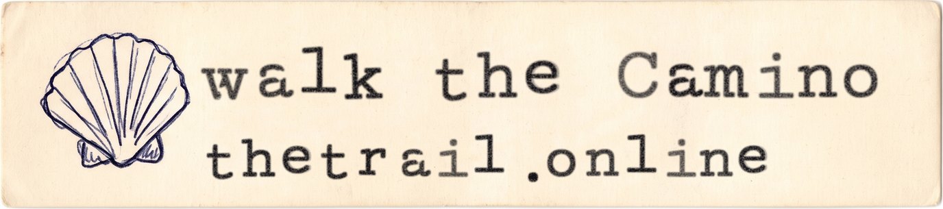 A card with a scallop shell drawn in blue ink, typed with the words walk the Camino and thetrail.online